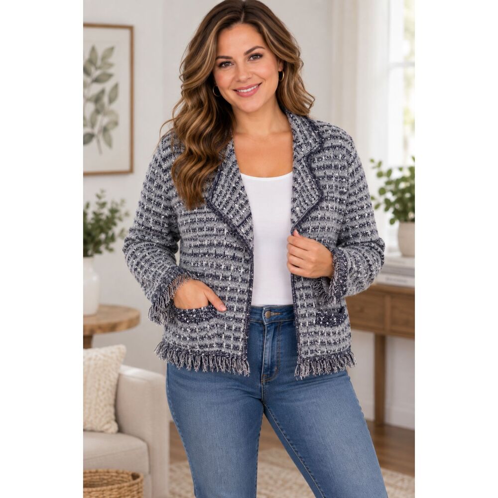 SION Women's M Blue Gray Knit Cardigan Fringe Trim Open Front Pockets Boho #20